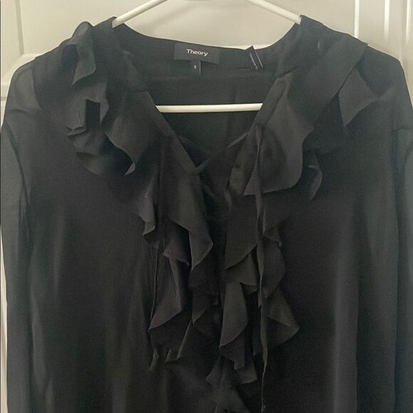 Theory Black Ruffled Lace Up Silk Chiffon Blouse - Picture 3 of 6